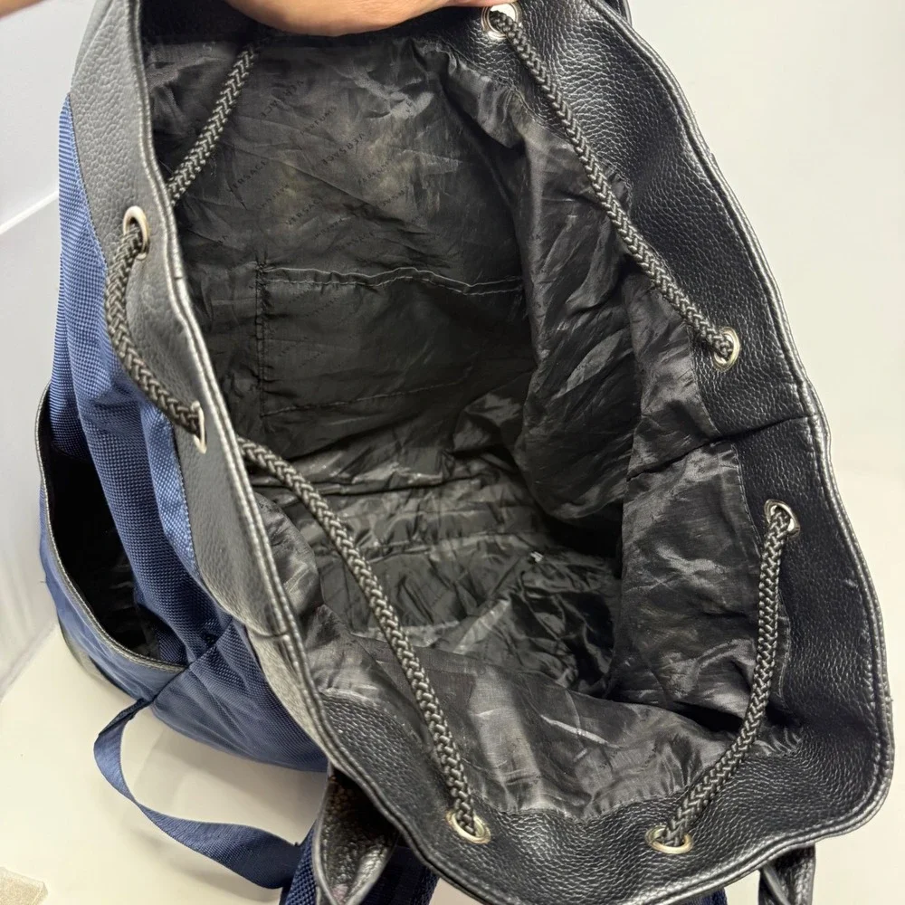 Versace Parfums Navy Blue Nylon Backpack Tote Bag Greca Straps Black Trim